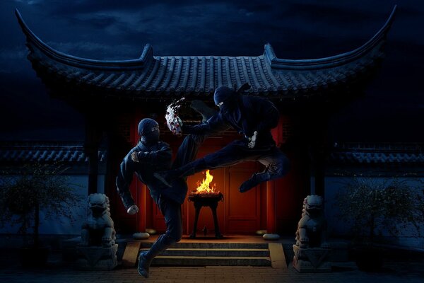 Ninja fight at the night temple with fire