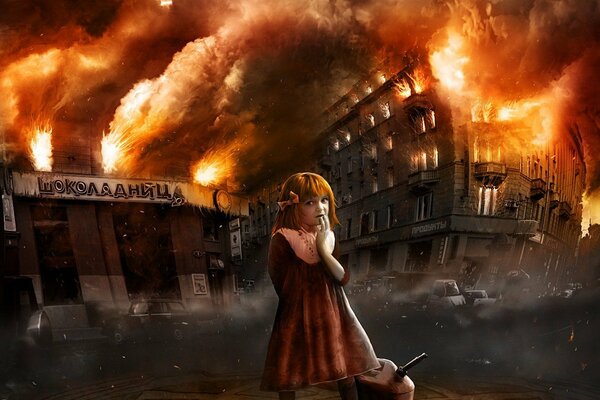 A girl with a canister on the background of a fire