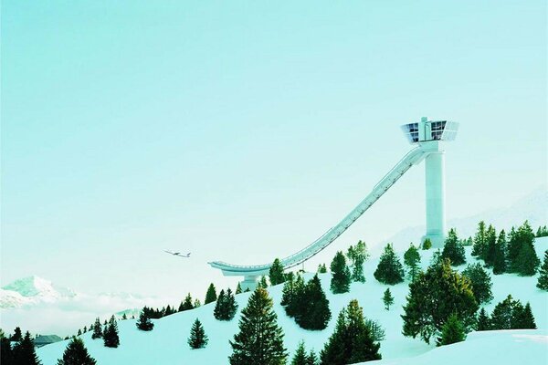 Ski jump in winter in the mountains