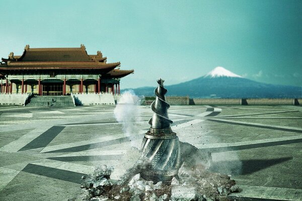 Attractions in Japan. Monument in the form of a drill on the square