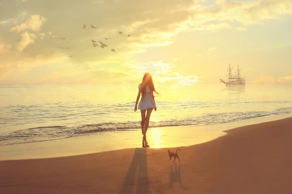 A girl with a cat on the background of the sea with a sailboat