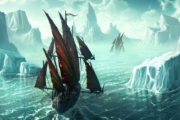 Ships with black sails sail among icebergs