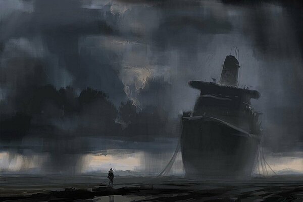 A man on the background of a mysterious ship