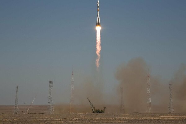 Launch of the Soyuz type-16 rocket. Blue sky and dust