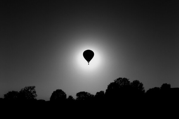 Balloon over the forest . black and white image