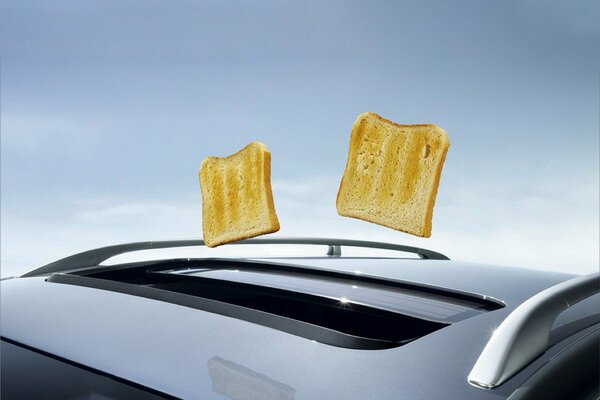 Beautiful pieces of bread on the background of an incredible car