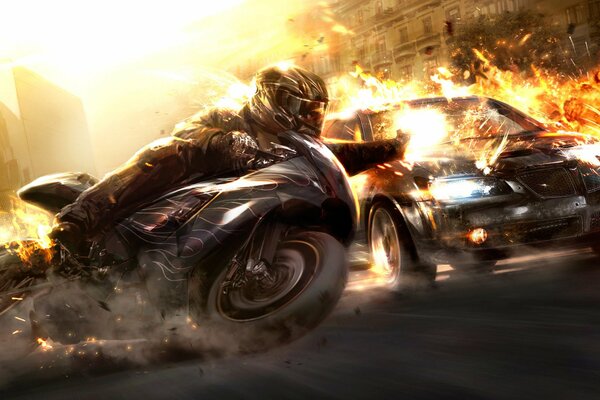 Explosion von Auto und Motorrad