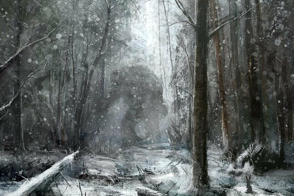 Drawing of a monster in a winter forest