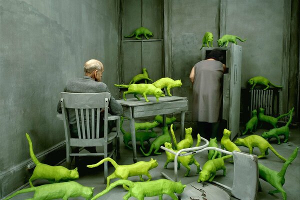 Grey room and green cats