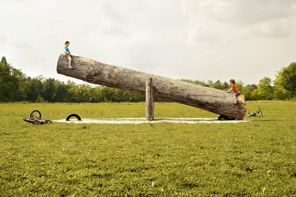 Kinder schwingen auf einem Baumstamm wie auf einer Schaukel