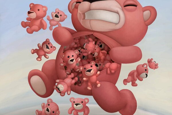 Orso rosa con piccoli cuccioli in pancia