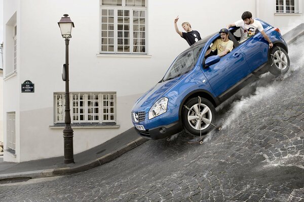 Young people in a car in the city