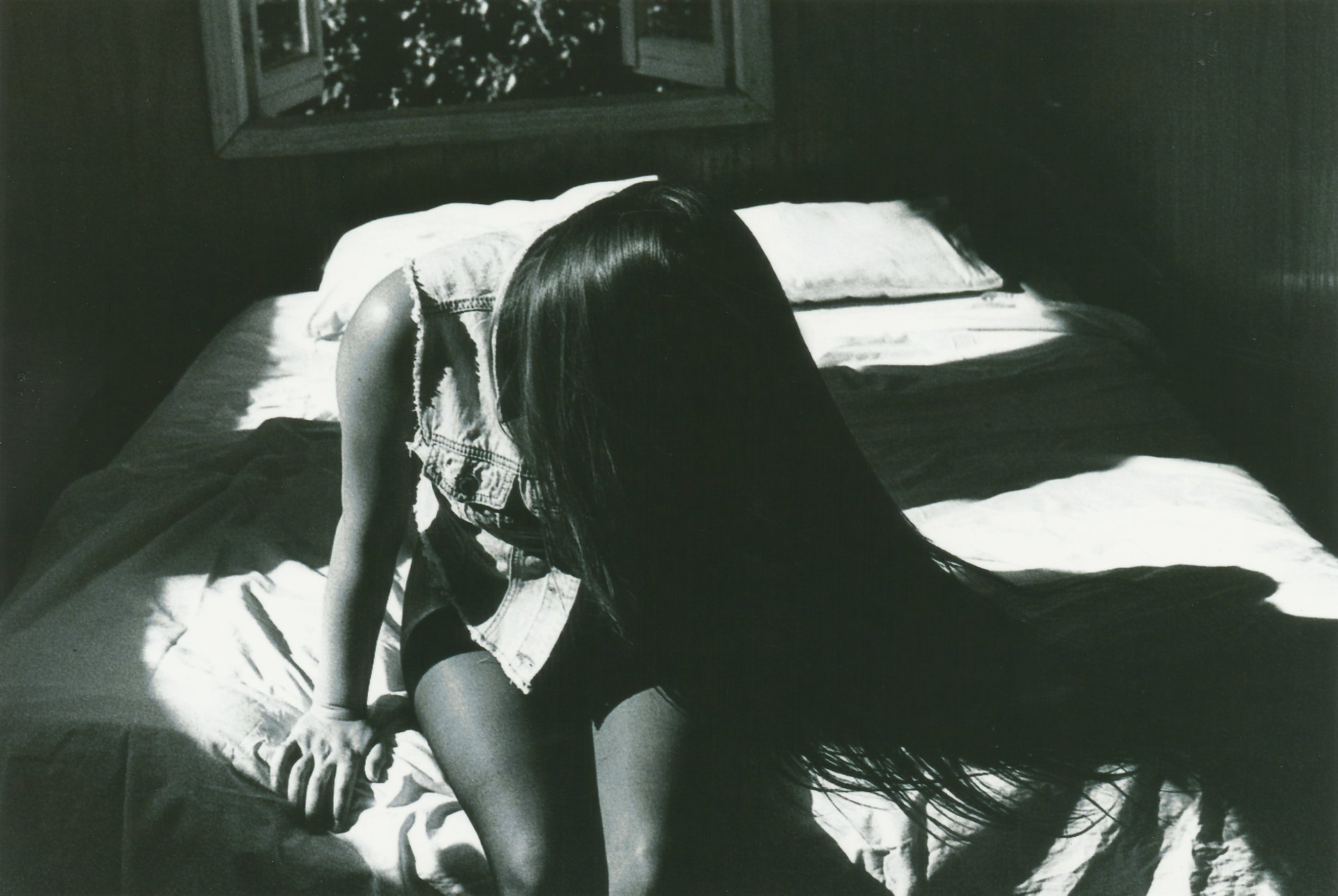 girl hair sitting black and white