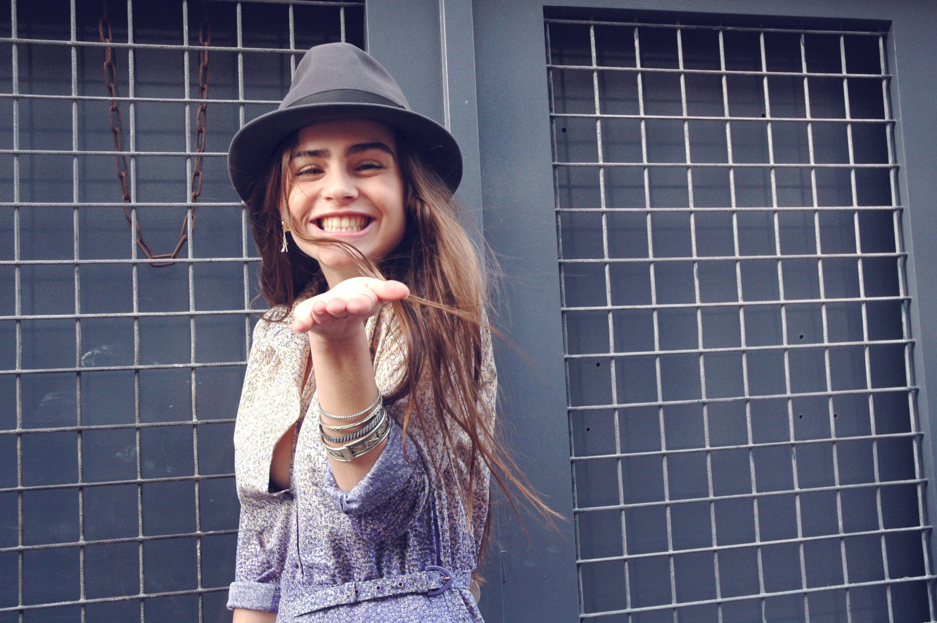 town girl hat smile