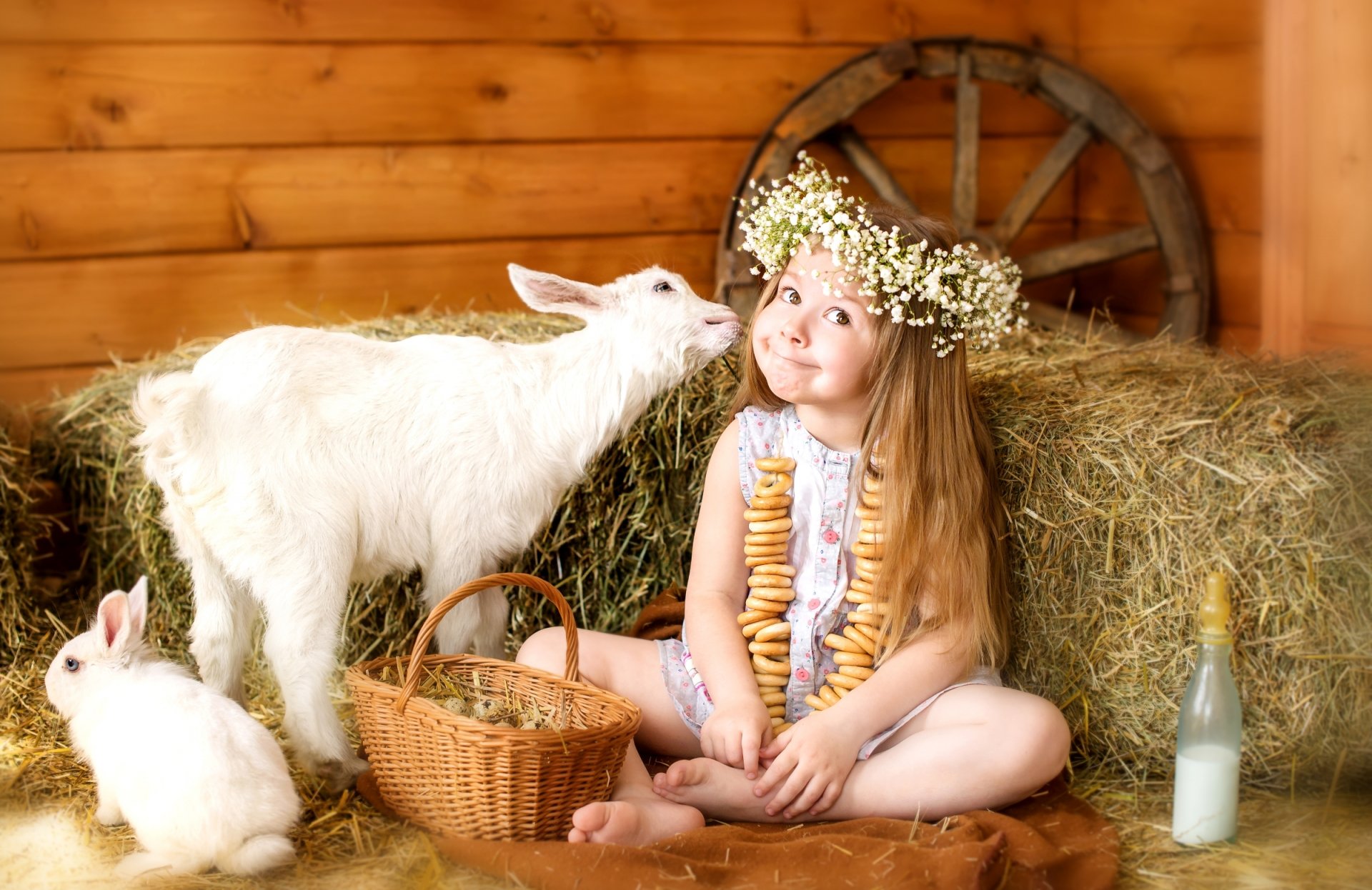 felicidad niña corona secado conejo heno infancia leche cesta huevos expresiones faciales apretones rueda animales niños pequeños