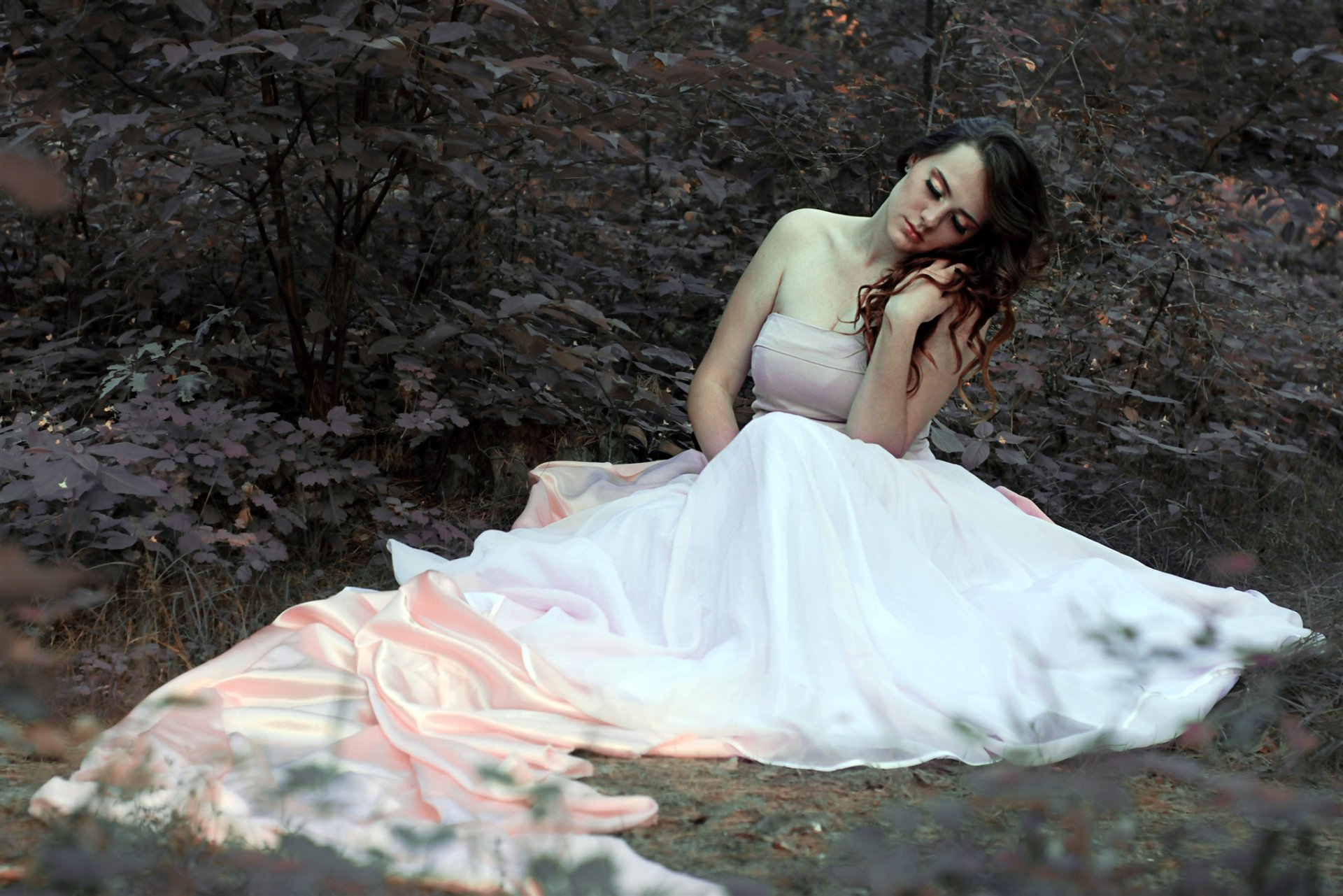 girl brown hair dress forest bush