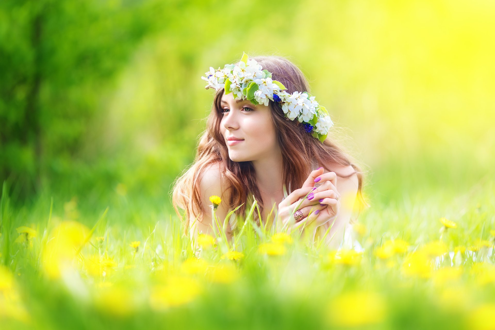 girl brown hair view wreath flower thoughtful gra