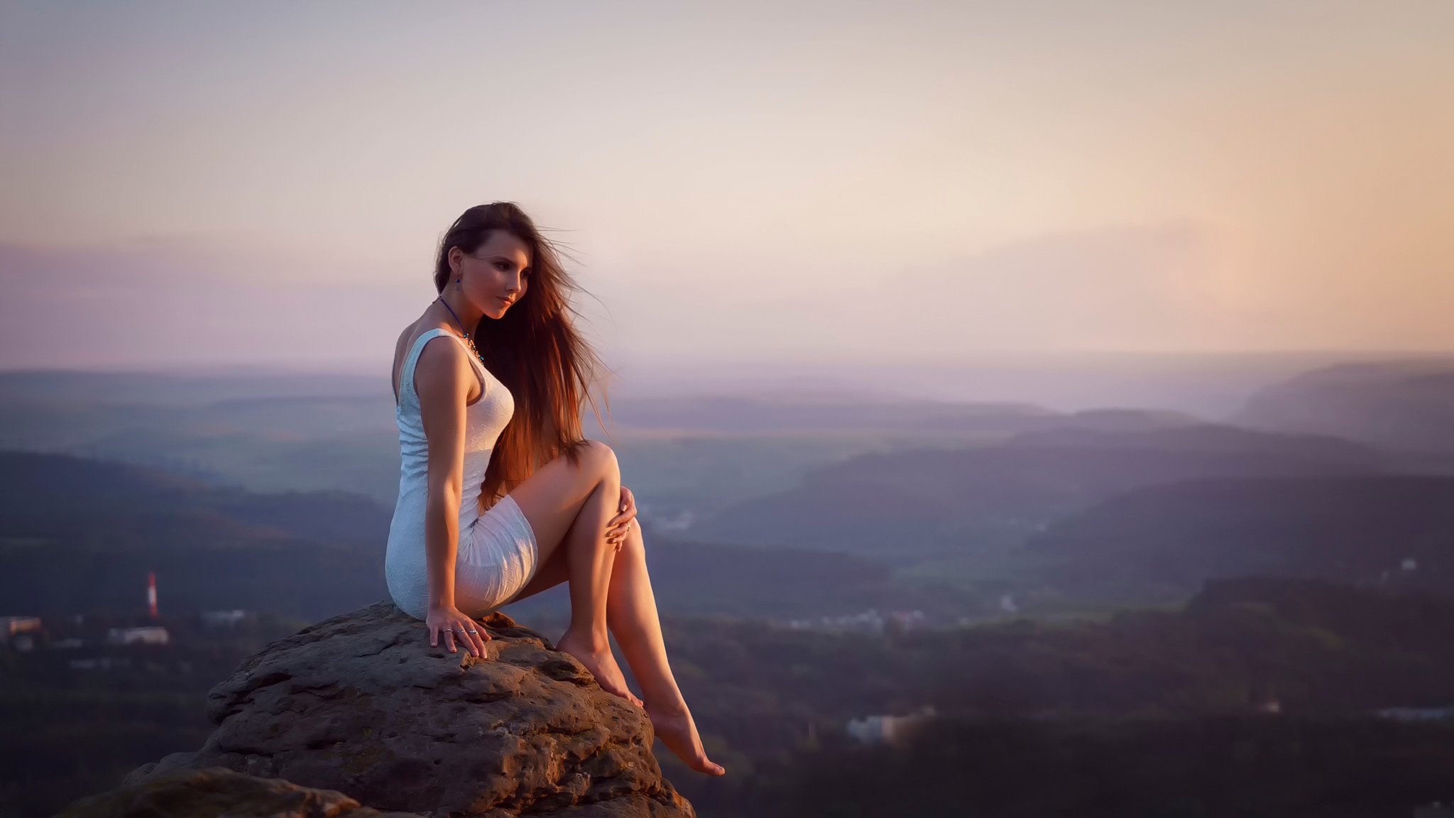 girl dress stone feet height views sunset