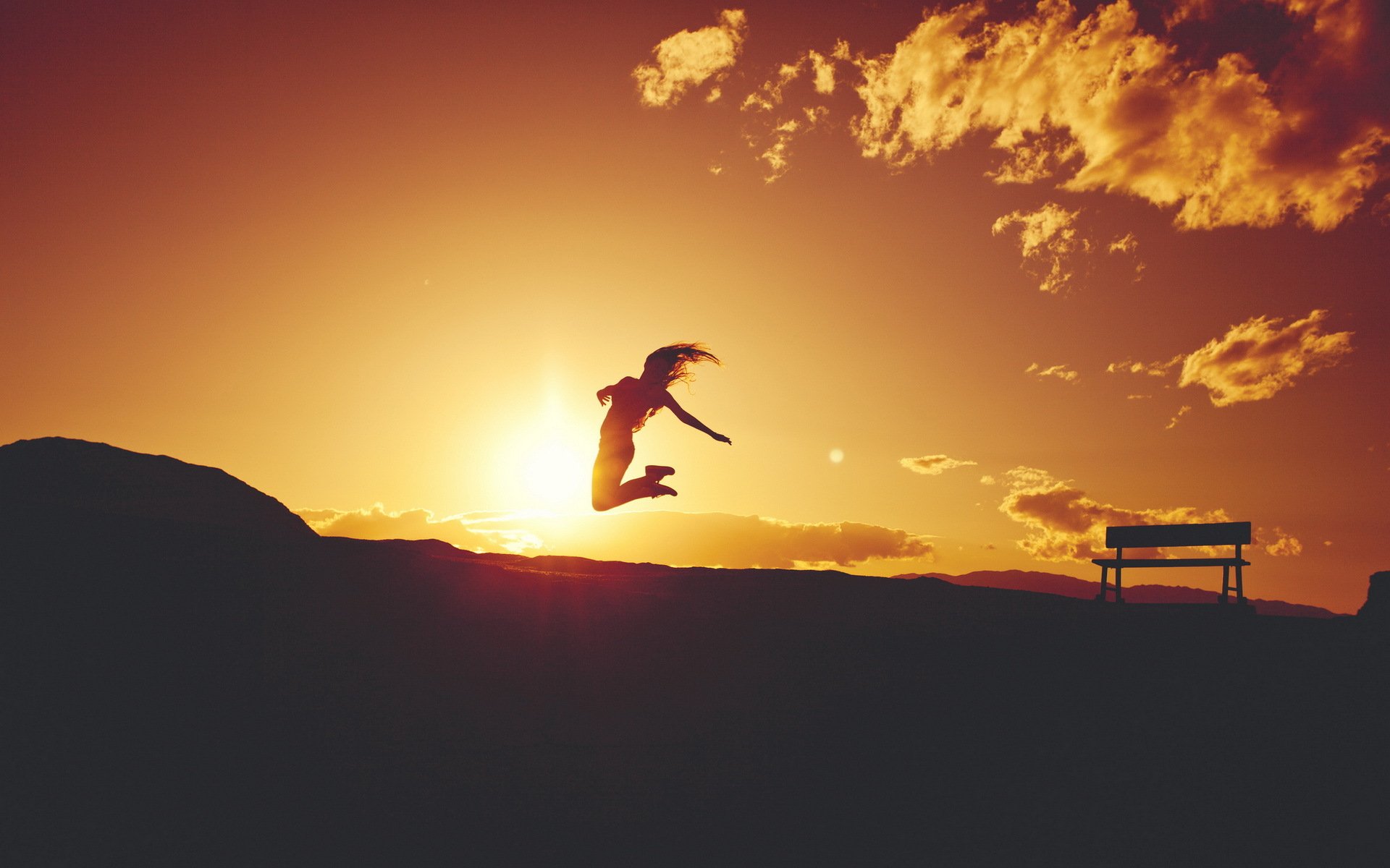 girl sunset silhouette bench mood
