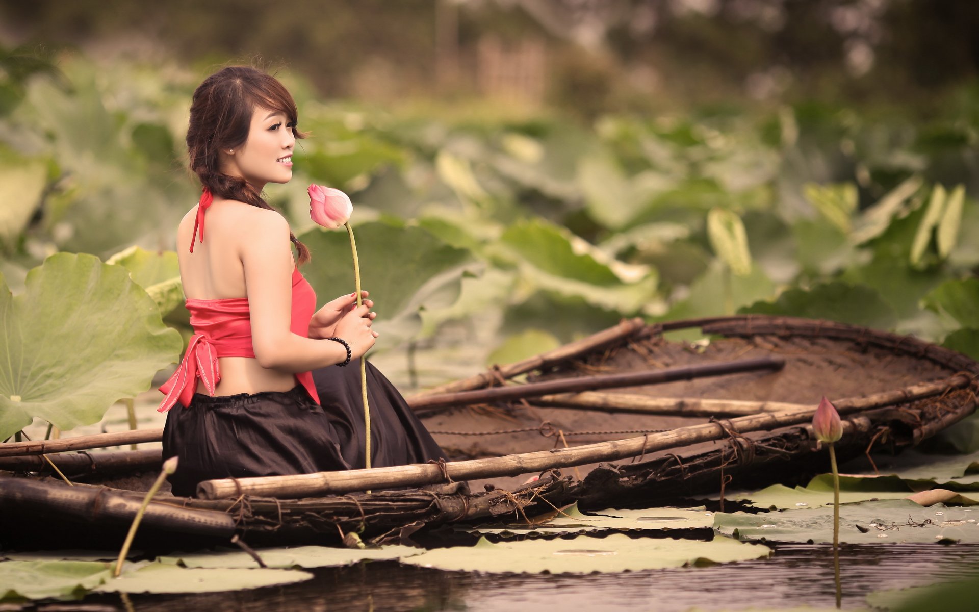girl asian boat lilies mood