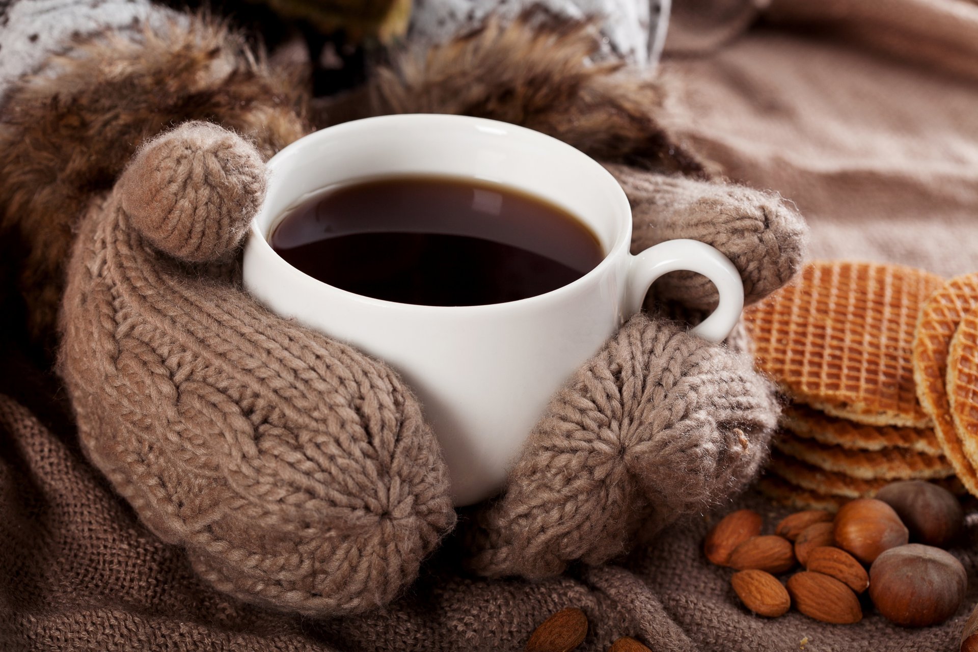 guanti comfort caffè tazza bevanda noci cialde