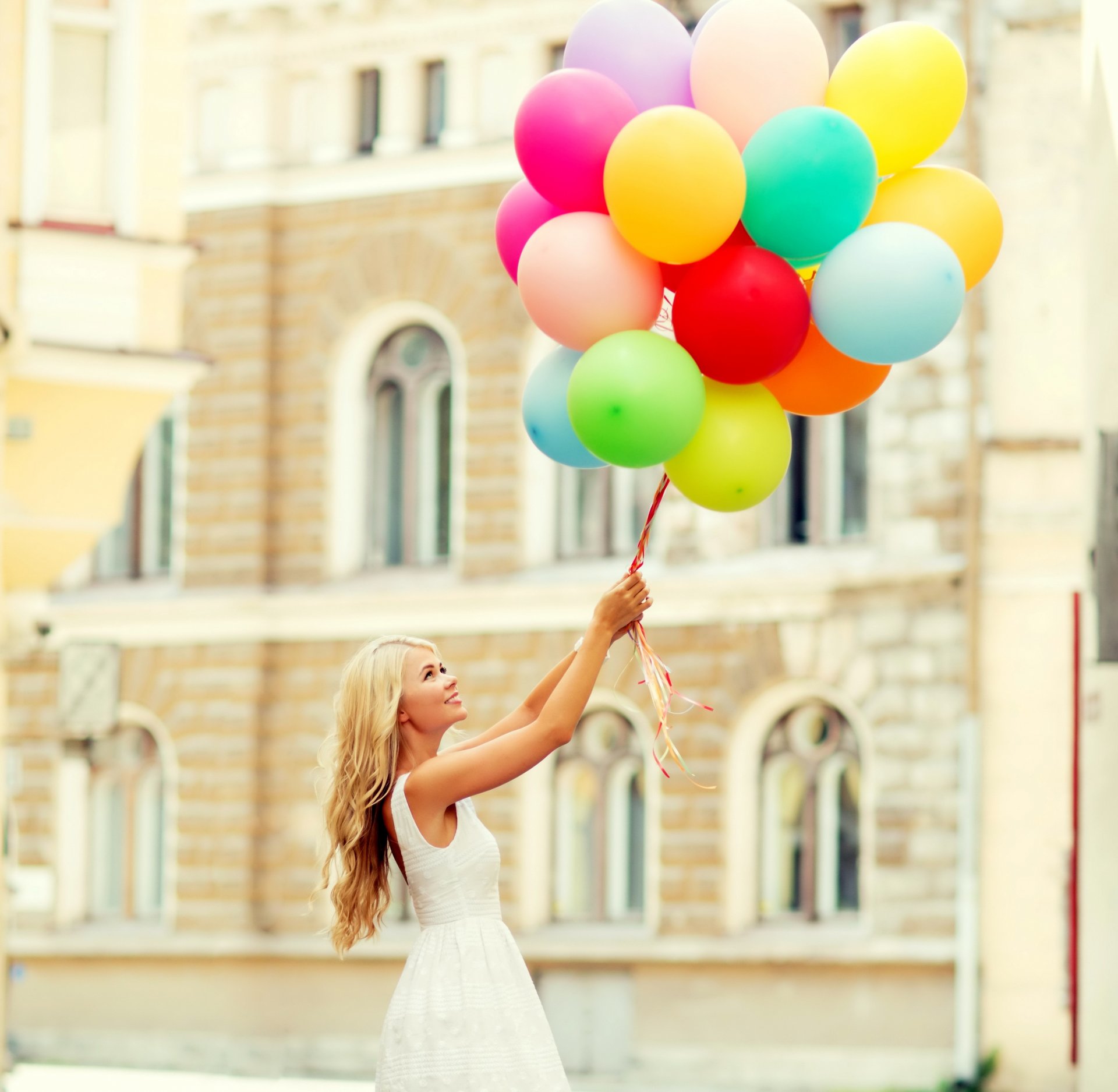 happy girl woman balloons smile joy happiness balloon