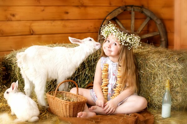 La fille à la couronne, nourrissant un chevreau et le lapin