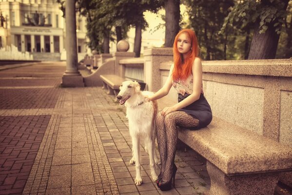 Red-haired girl on a bench with a dog