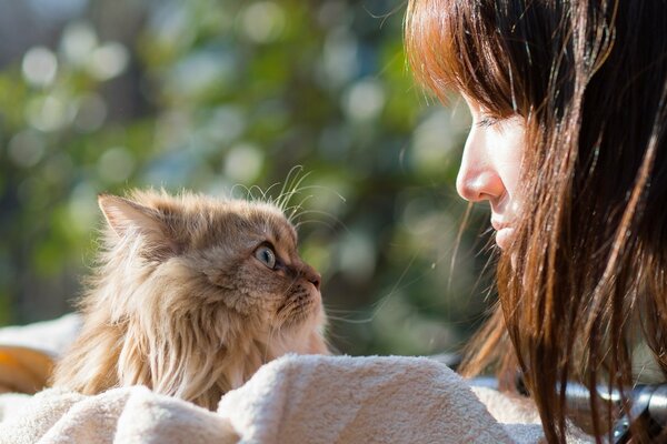 Chica con gato mirándose a los ojos