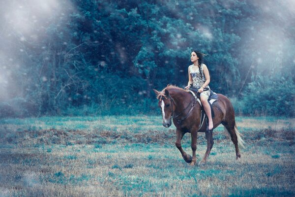Ragazza che cavalca un cavallo lontano da te