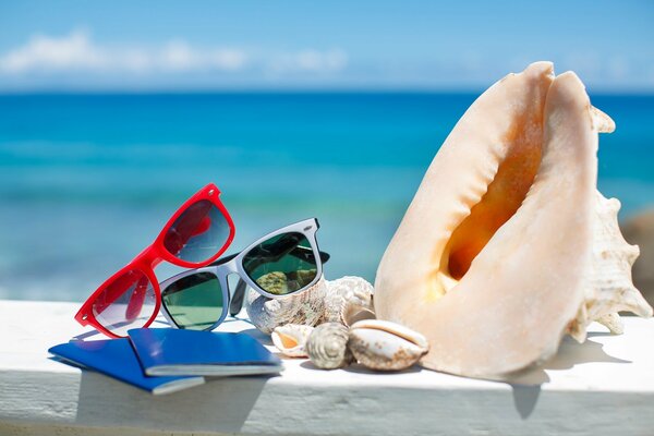 Beach arrangement on the background of the sea