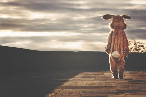Un homme dans un costume de lapin est triste dans la solitude