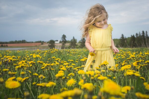 Niña en el Prado con dientes de León en un vestido amarillo