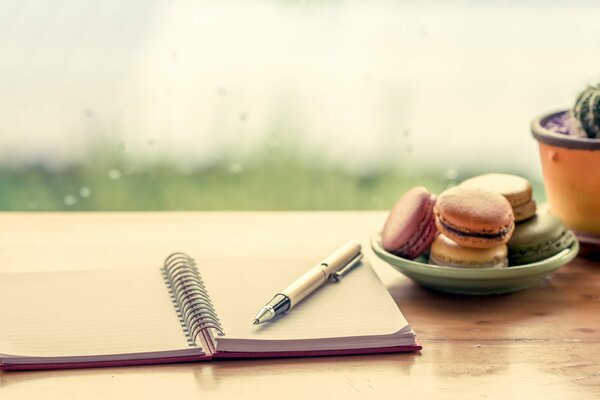 Pies in a plate on the table and a notebook with a pen