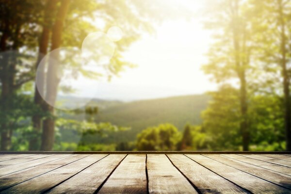 Wooden plank flooring against the background of blurred nature