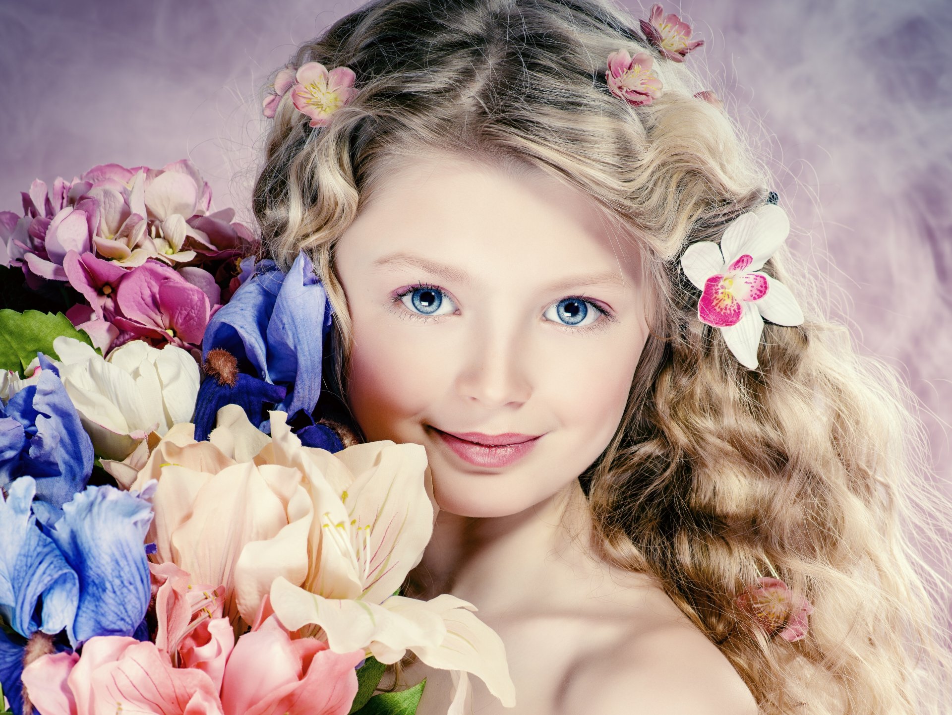 girl hair flower blue eyes portrait view