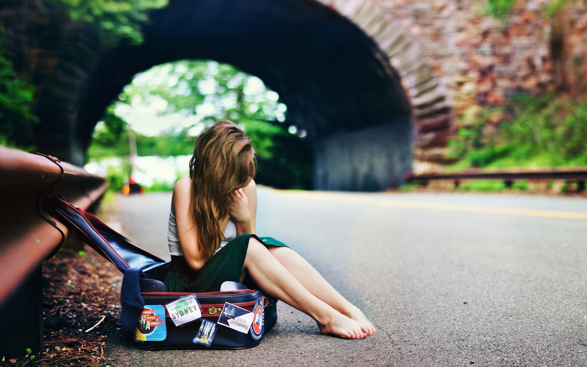 girl barefoot hair road bag bridge waiting barefoot hair way waiting