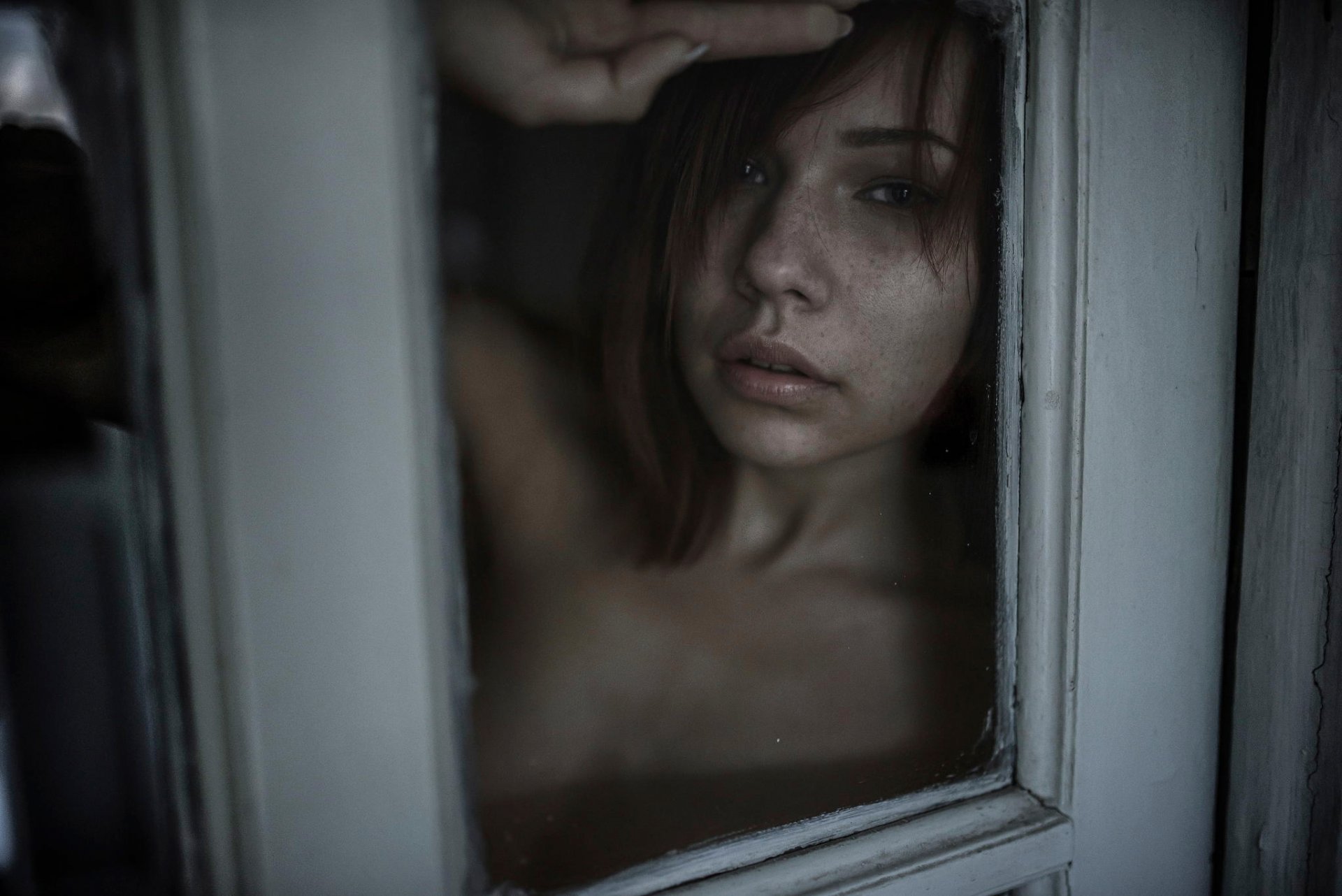 red-haired charm portrait freckles window glass view