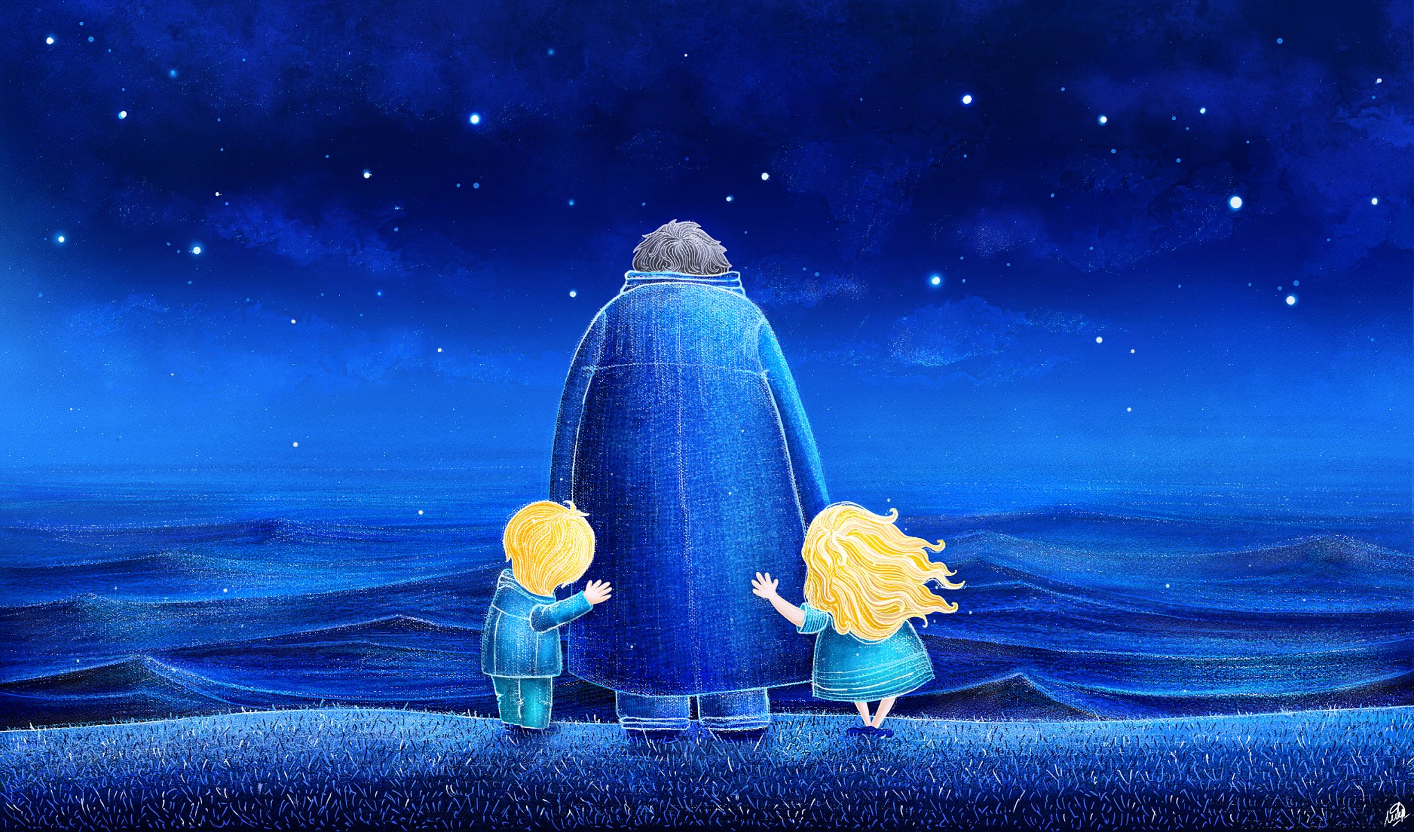 ocean attract illustration waves blue night stars children nature