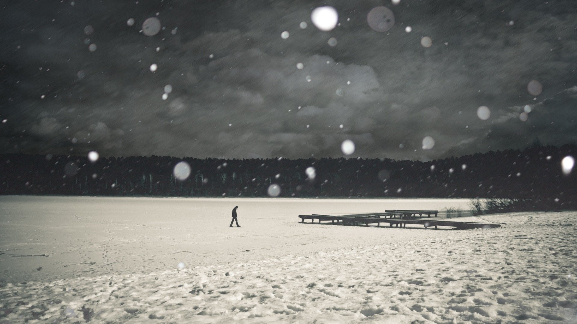 estado de ánimo soledad hombre hielo nieve gris río muelle árboles