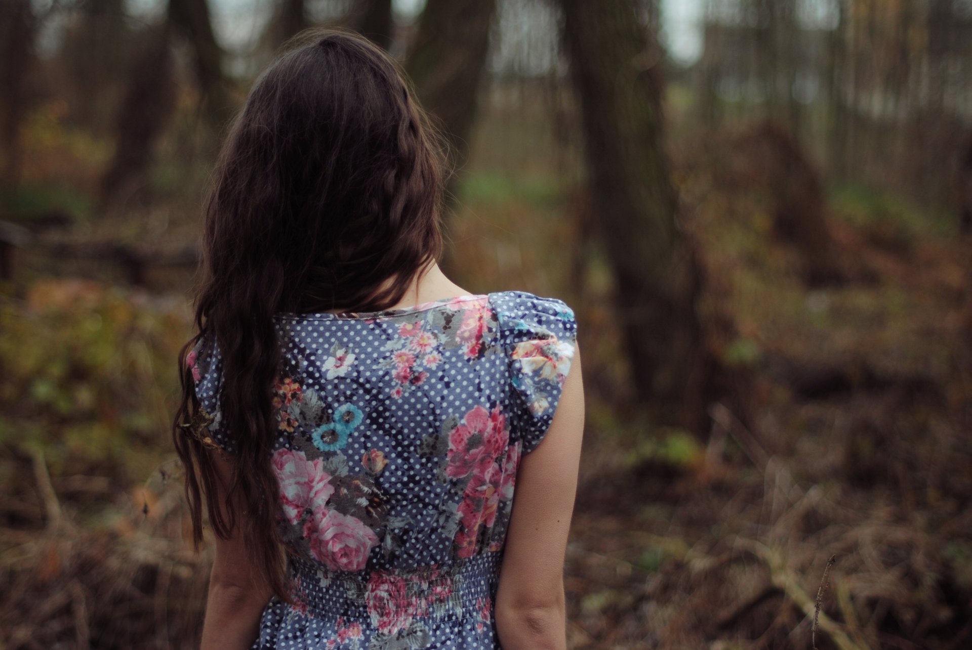 la jeune fille le dos la forêt les cheveux