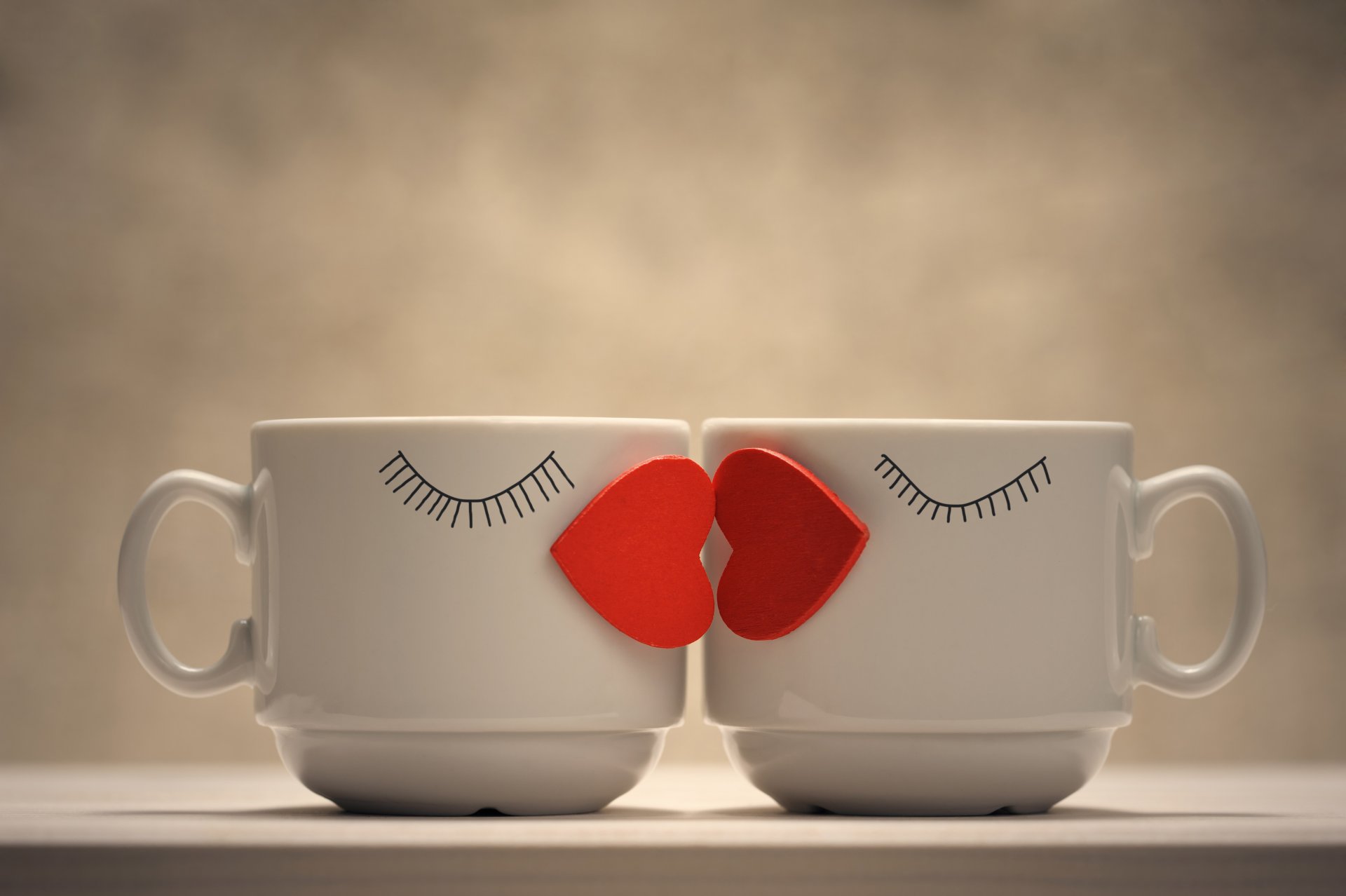 mood two coffee shop cups mugs the pair sponge red heart love kiss creative good idea positive bokeh wallpaper