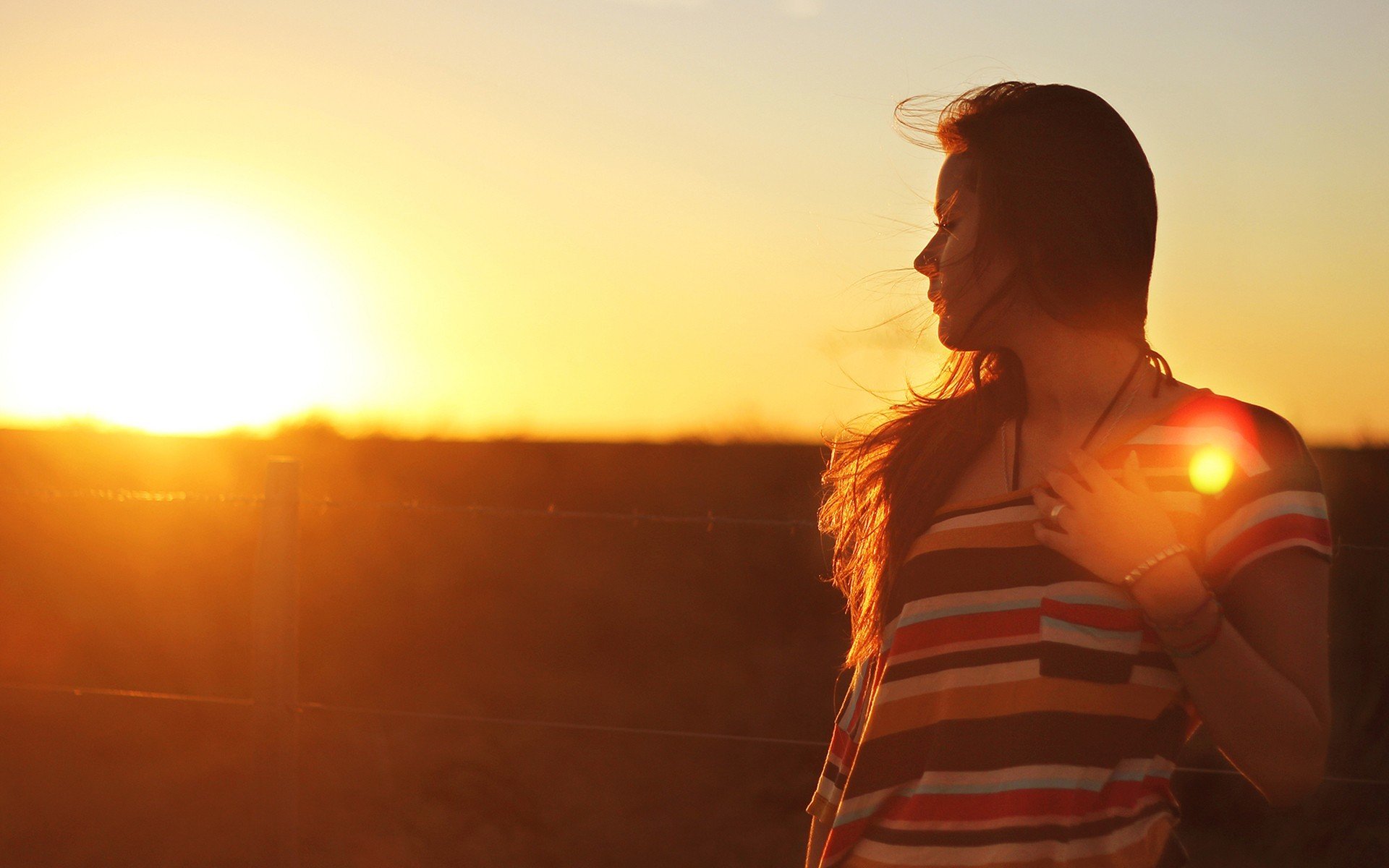 girl brunette sunset outdoor bracelet long hair hair women sun light