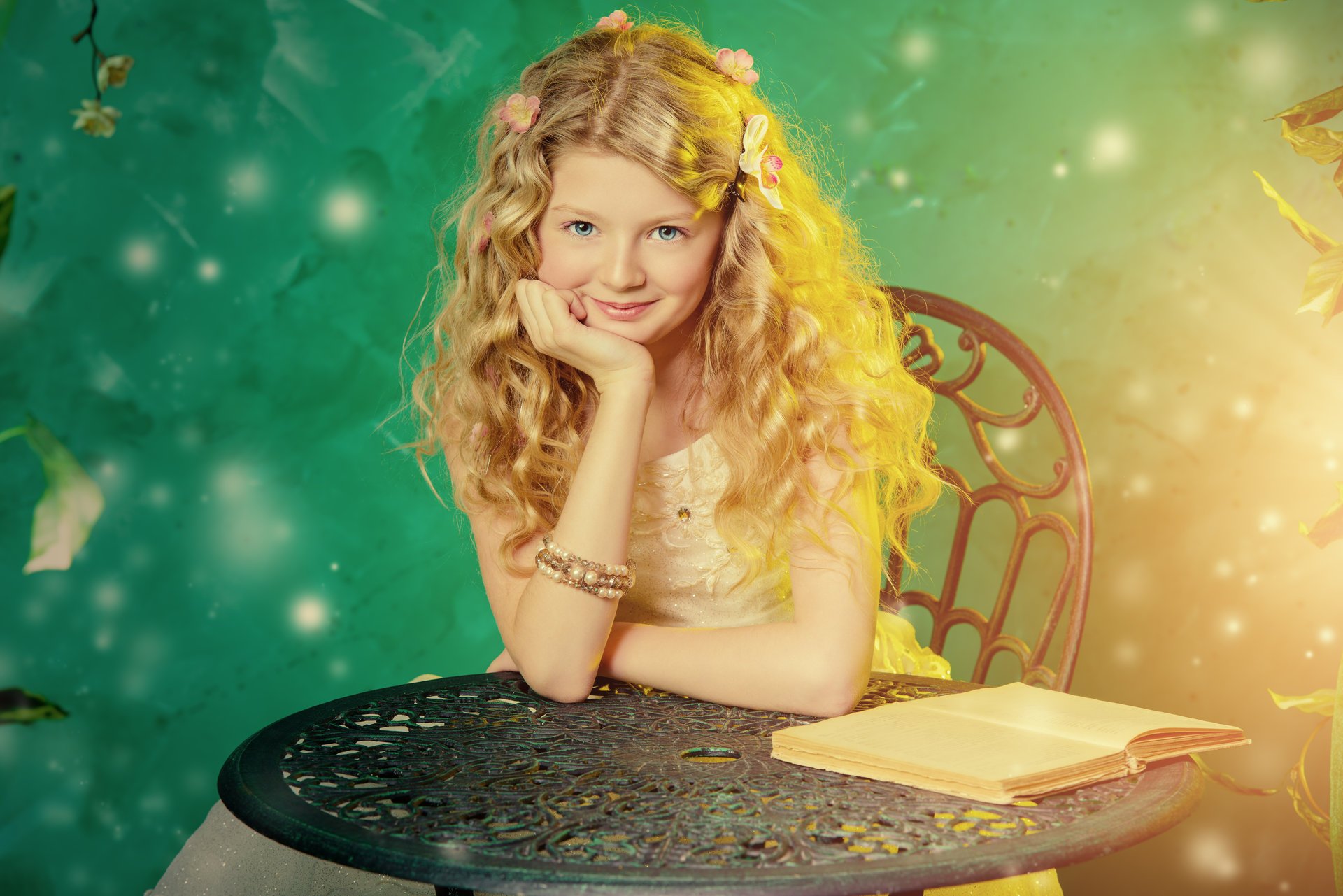 girl hair curls locks smile table book