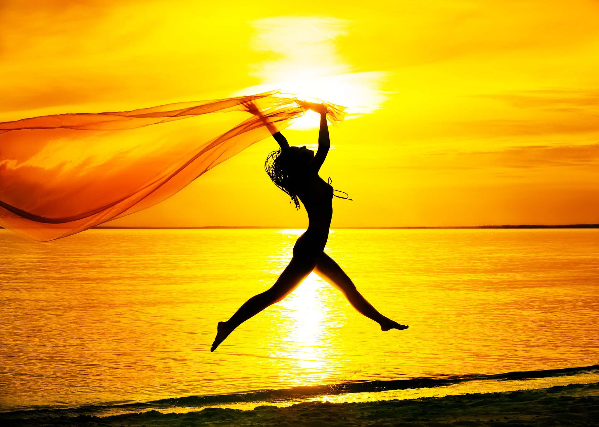 mood girl jump silhouette sea sunset sky beach