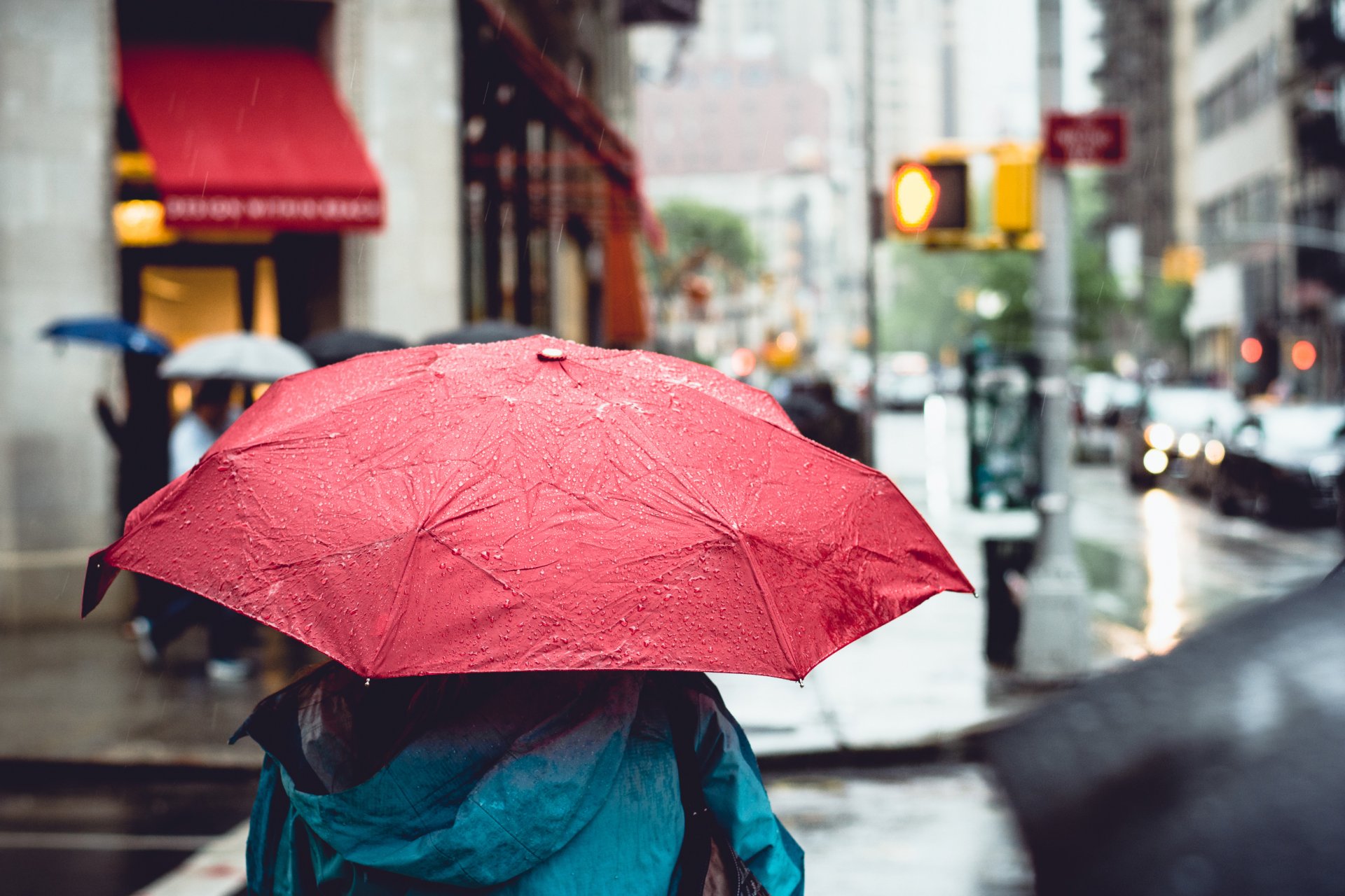 town street rain umbrella