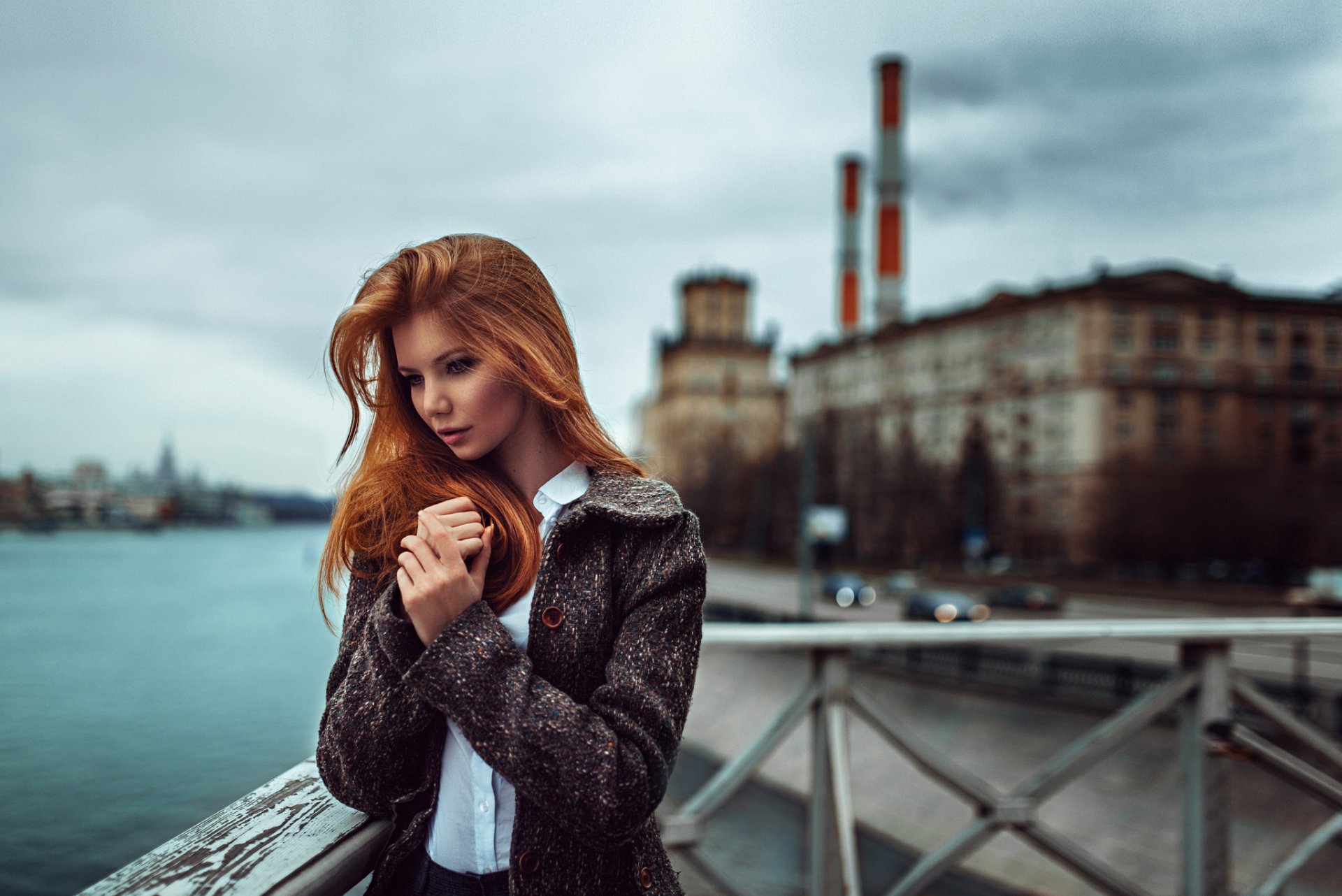 urbanization red-haired girl background plant of the tube russia george chernyad ev