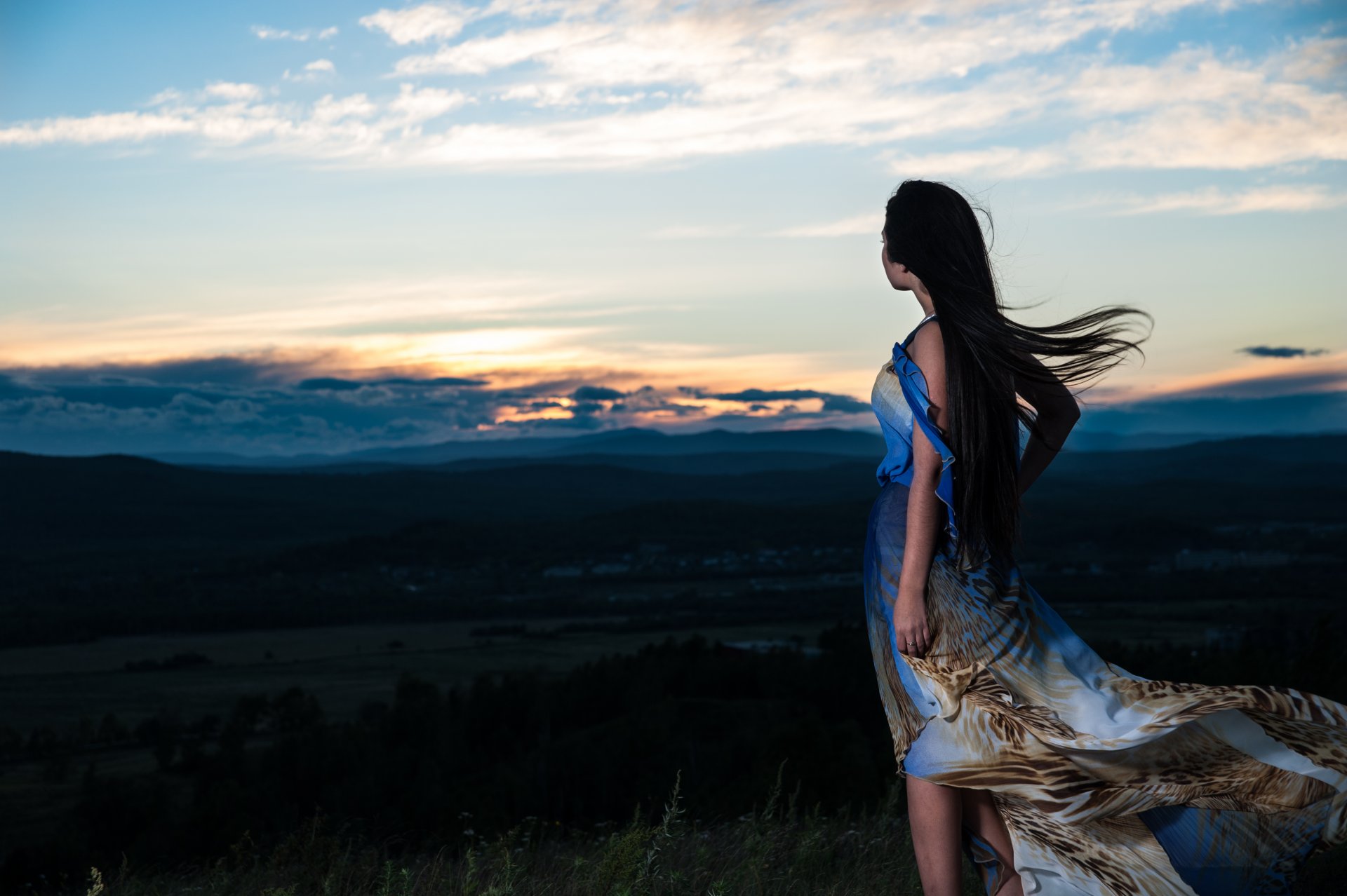 girl sunset wind mountain night mood