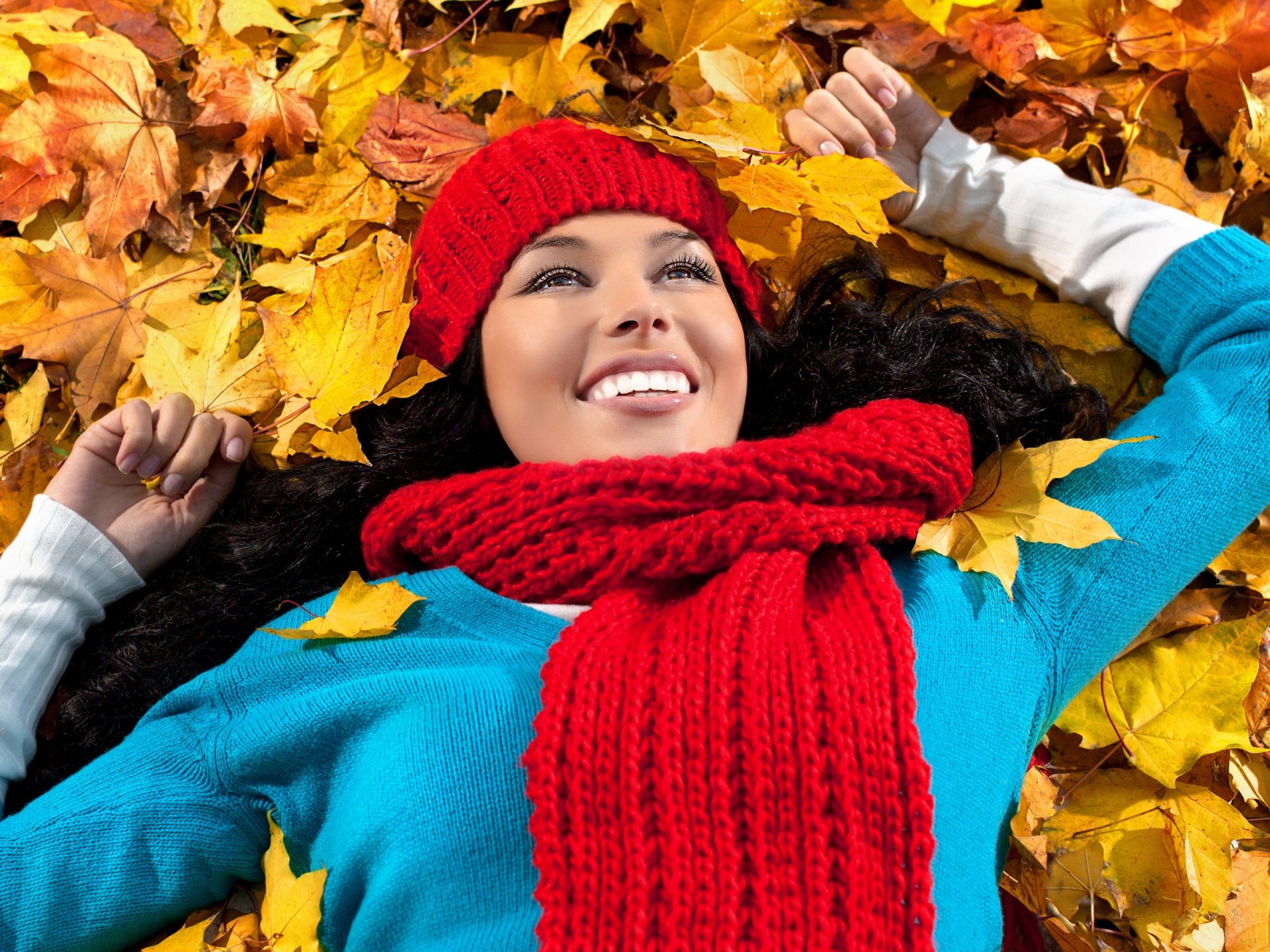 girls autumn leaves woman smile