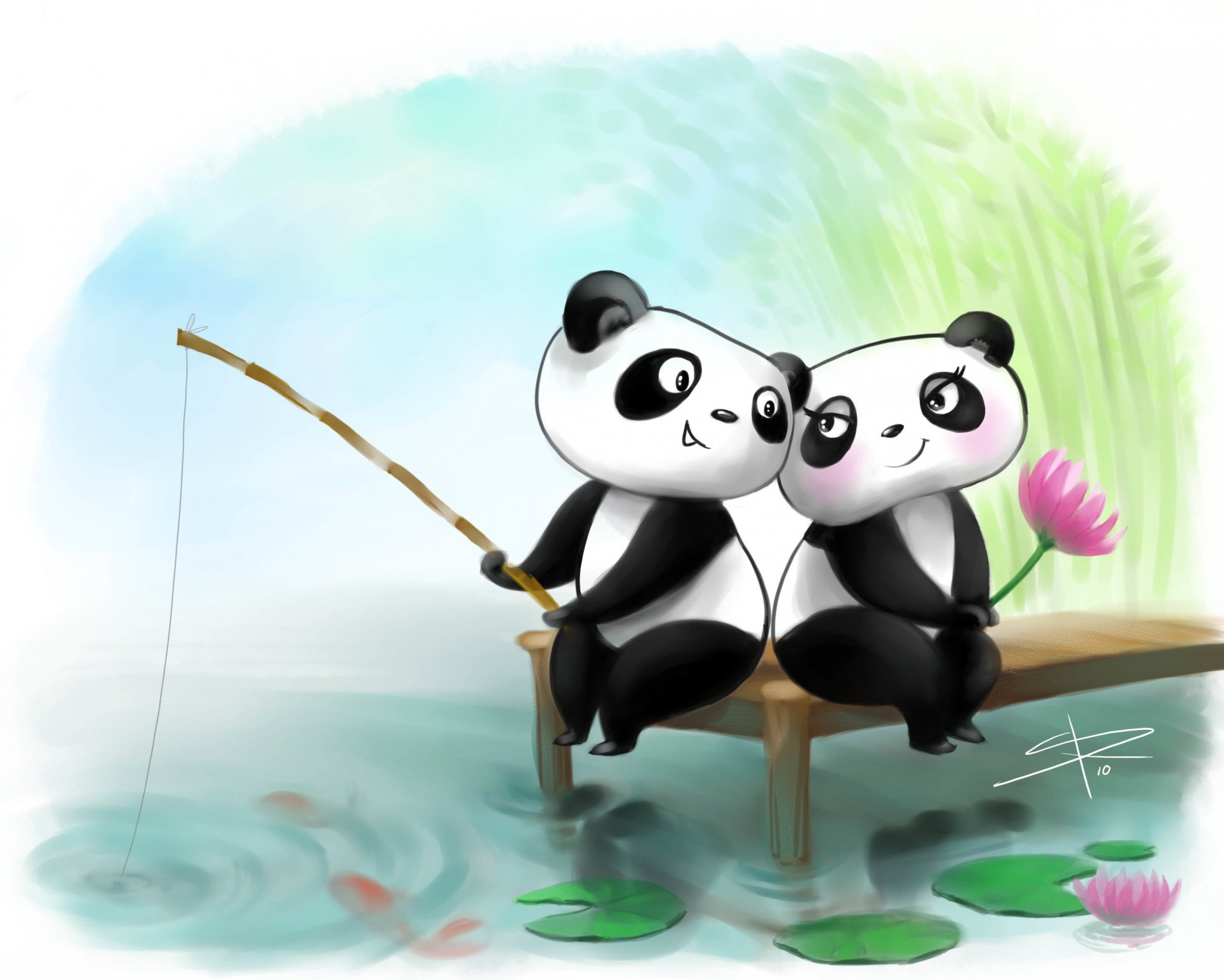 picture panda two love fishing fishing rods lotus confused